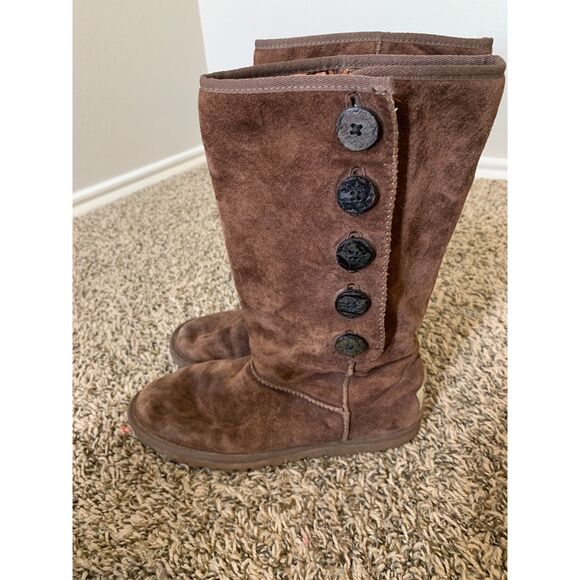 Ugg Australia Lo Pro Button Fold Over Boots Womens Sz 7 Vegan Leather Brown - Picture 3 of 10